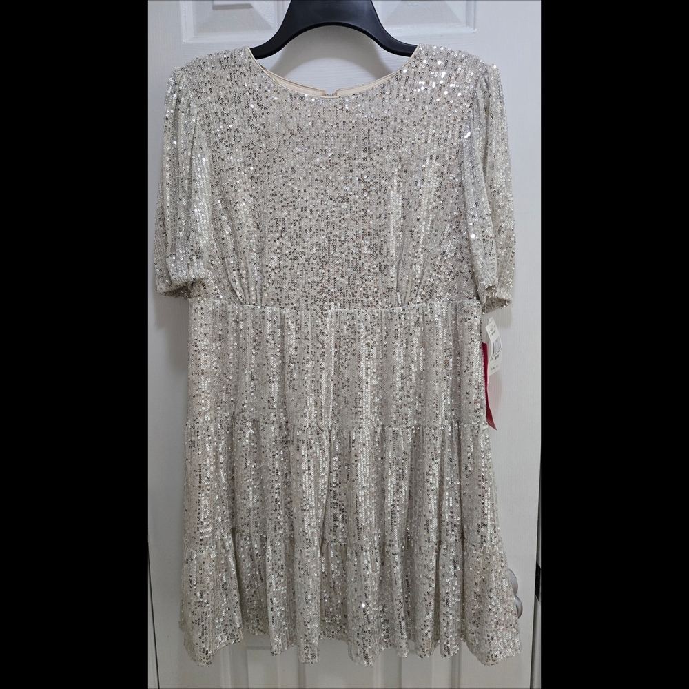 Xtraordinary Babydoll Silver Sequin Tiered Puff Sleeve Mini Dress Sz Med NWT